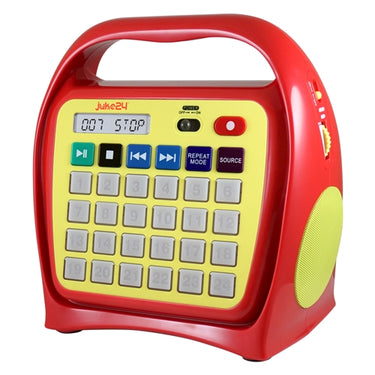Juke 24 portable media player in red, designed for classrooms and education with easy audio access.